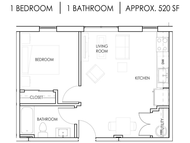 Unit B - 1 Bedroom, 1 Bath - 520 Square Feet