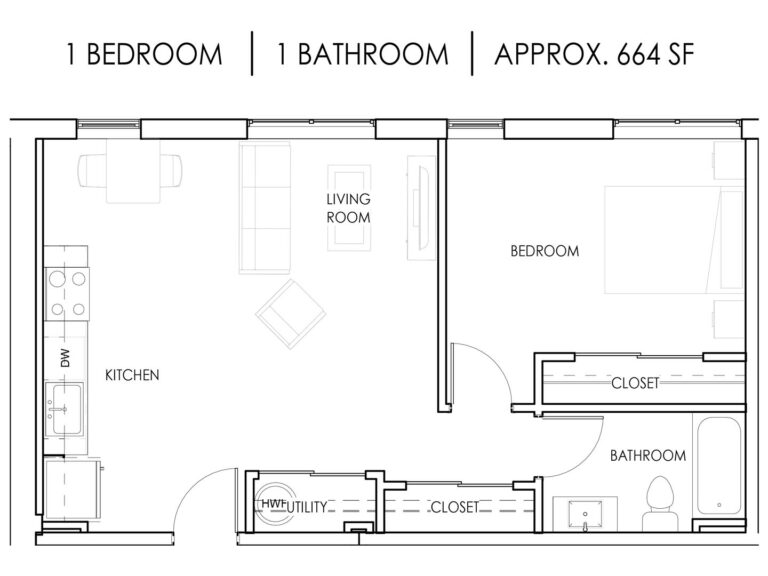 Unit C - 1 Bedroom, 1 Bath - 664 Square Feet