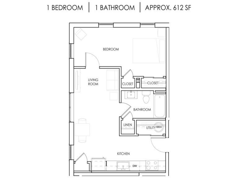 Unit E - 1 Bedroom, 1 Bath - 612 Square Feet