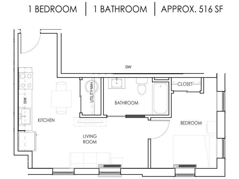 Unit H - 1 Bedroom, 1 Bath - 516 Square Feet