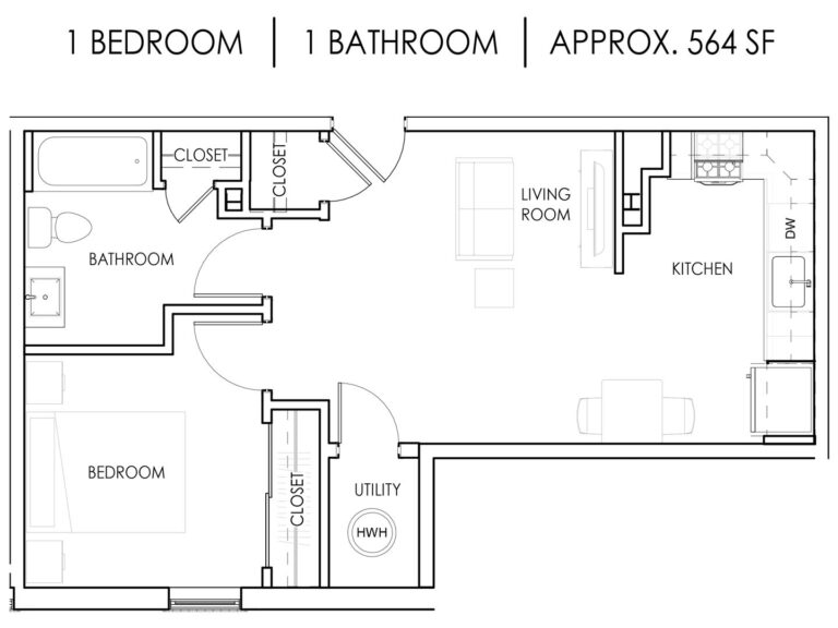 Unit J - 1 Bedroom, 1 Bath - 564 Square Feet