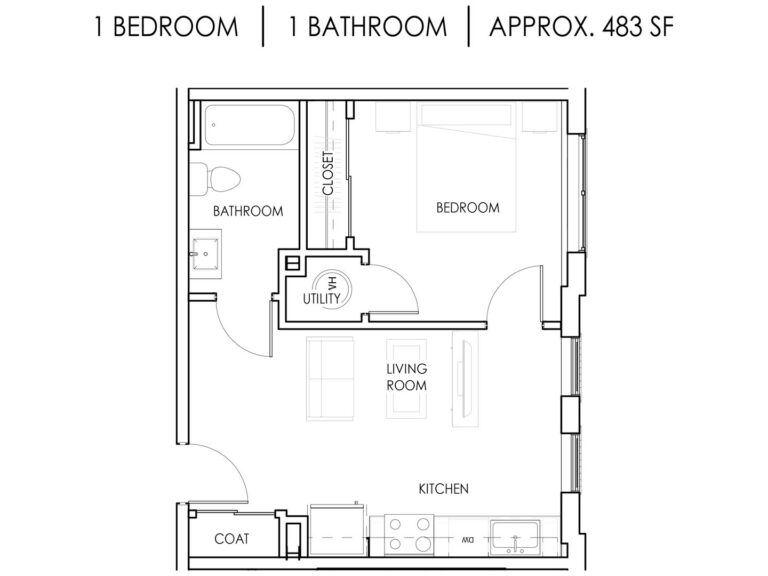 Unit U - 1 Bedroom, 1 Bath - 483 Square Feet