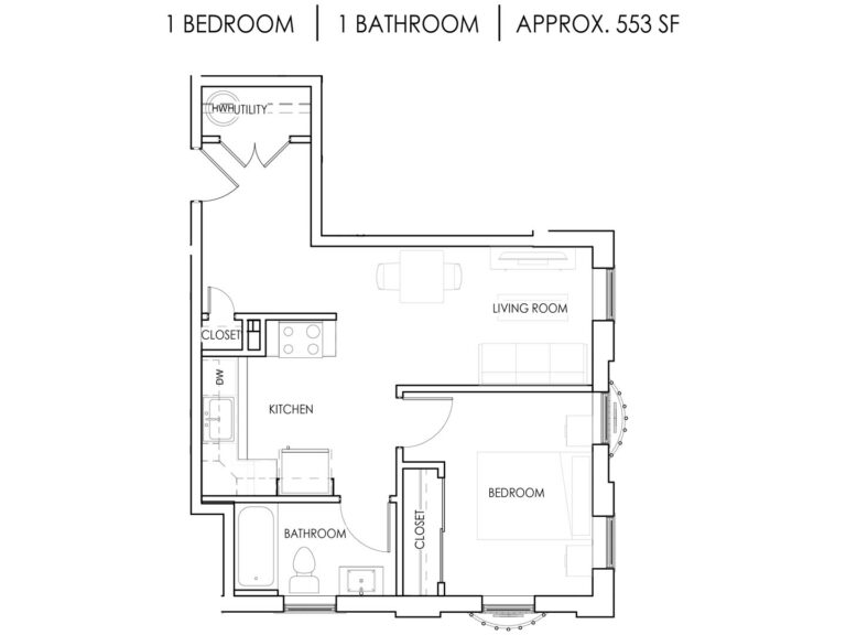 Unit X - 1 Bedroom, 1 Bath - 553 Square Feet