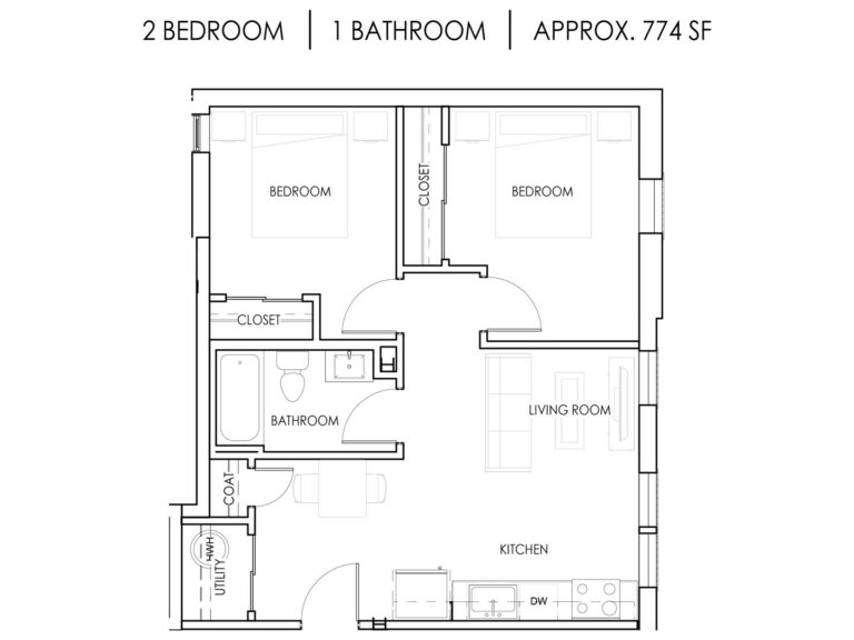 Unit A - 2 Bedroom, 1 Bath - 774 Square Feet