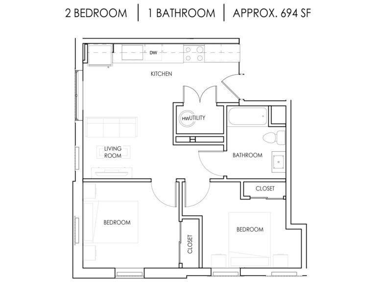 Unit N - 2 Bedroom, 1 Bath - 694 Square Feet