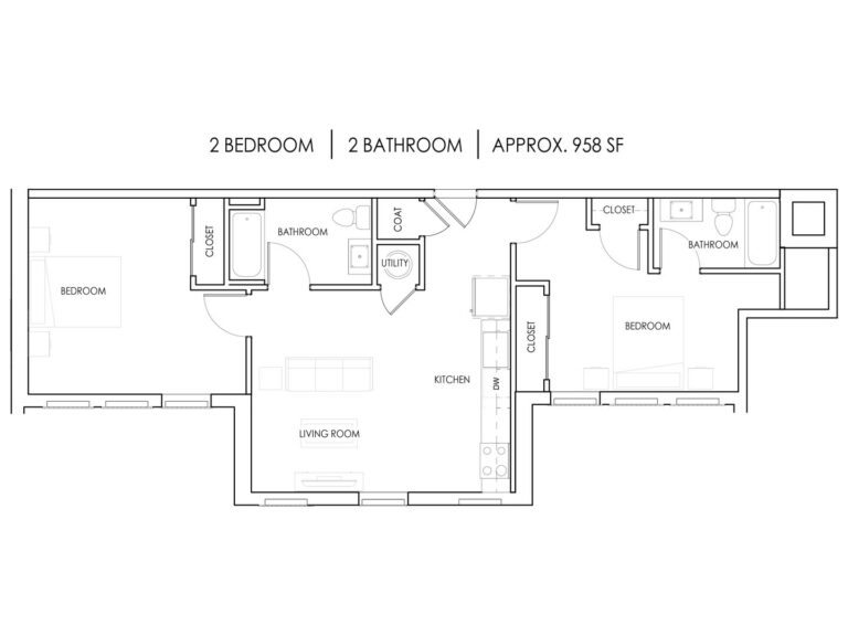 Unit P - 2 Bedroom, 2 Bath - 958 Square Feet