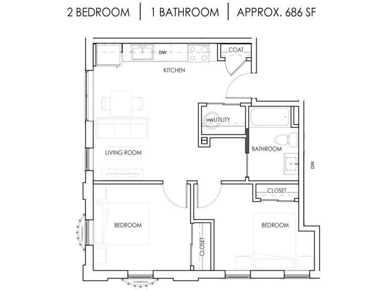 Unit W - 2 Bedroom, 1 Bath - 686 Square Feet