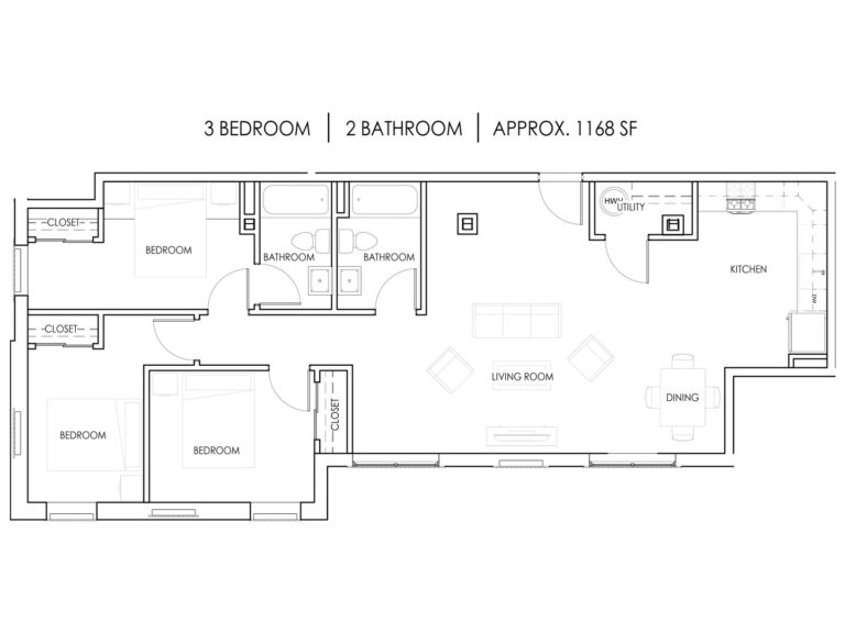 Unit O - 3 Bedroom, 2 Bath - 1168 Square Feet